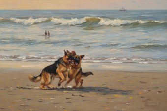 Фотографія "Німецькі вівчарки граються на пляжі", фотограф Orlando Sanchez Cabrera в Jose Art Gallery