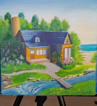 Malarstwo "Dom nad morzem: Cichy, nadmorski azyl", malarz Fa Ley akryl płótno w Jose Art Gallery