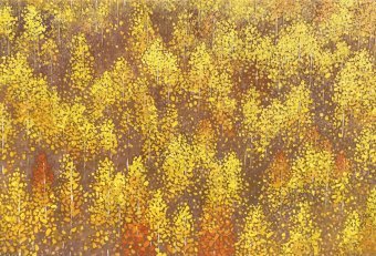 Pittura "Paesaggio autunnale dorato con betulle", pittore Volodymyr Smoliak olio tela alla Jose Art Gallery