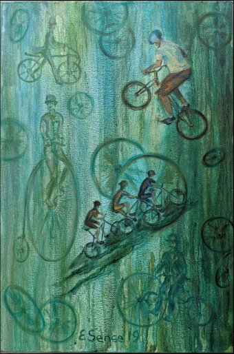 Pintura "Evolución de la bicicleta y el espíritu humano", pintor Lena Kolambet acrílico lienzo en Jose Art Gallery