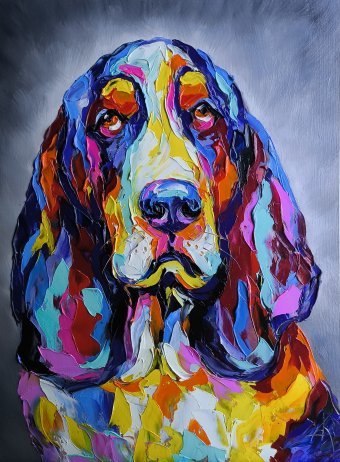 Pintura "Retrato vibrante de un Basset Hound", pintor Anastasia Kozorez óleo cartulina en Jose Art Gallery
