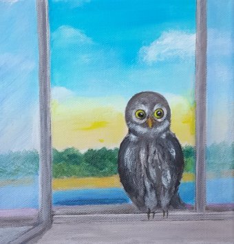 Malarstwo "Good Morning Owl: Guardian in Flight", malarz Fa Ley akryl płótno w Jose Art Gallery