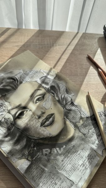 Gráfico "Retrato collage de Marilyn Monroe: Iconos reinventados", ilustrador Julia Shilo carbón papel en Jose Art Gallery