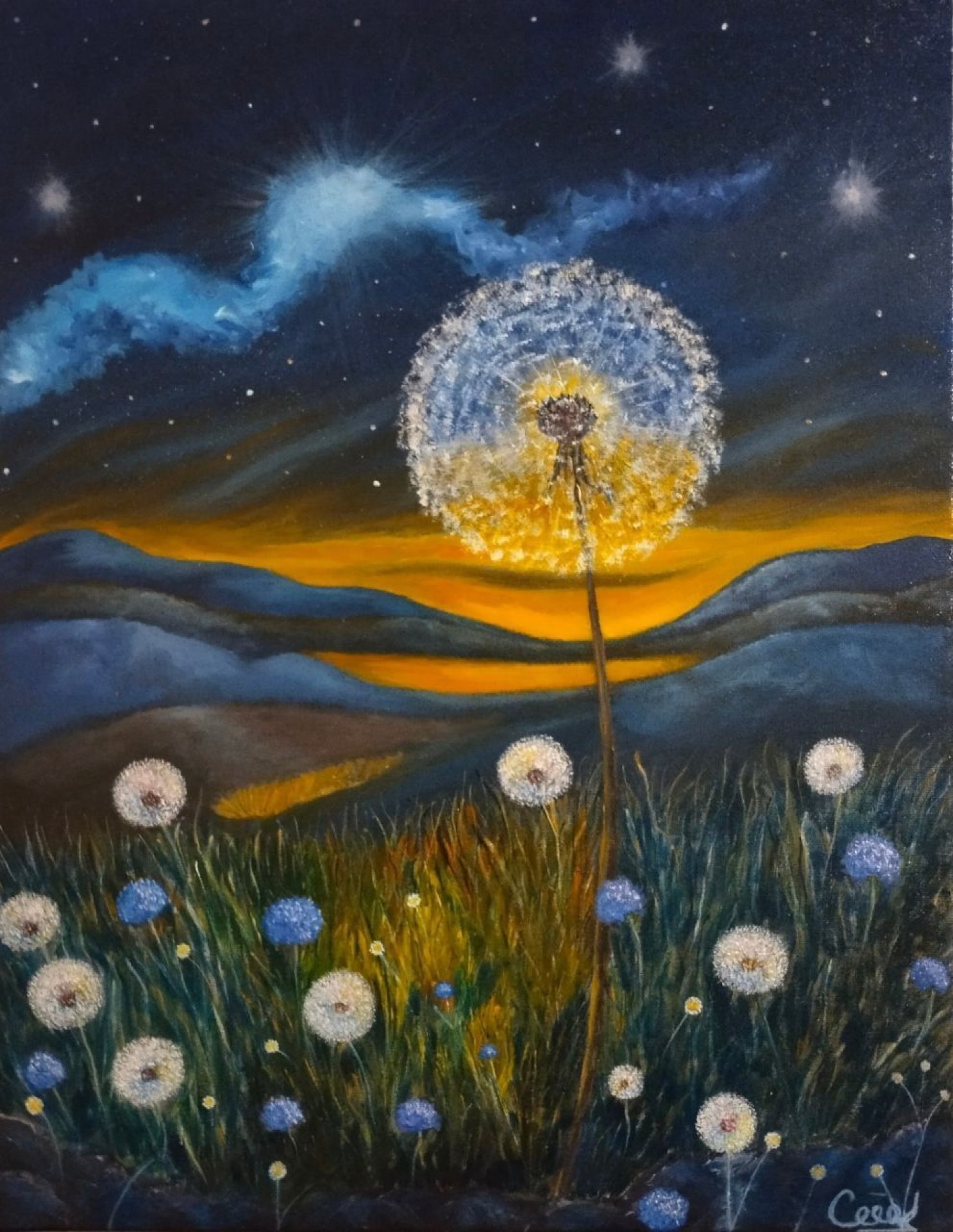 Alone with a dandelion. 小型油絵 抽象画 ハンドメイド flower-painting-kosmiceskii-