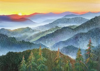 Painting "Sunrise Over Carpathians" by painter Anna Shkolik acrylic canvas at Jose Art Gallery
