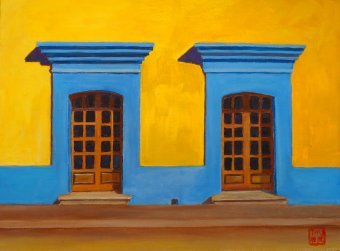 Malerei "Zwei blaue Türen. Mexikanischer Kolonialcharme", maler/-in Thu Nguyen Öl Leinwand in der Jose Art Gallery