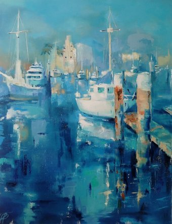Pittura "Porto marittimo", pittore Yulianna Tulinova olio tela alla Jose Art Gallery