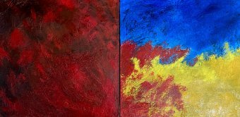 Painting "Blood boots: Life in a moment of change" by painter Karan oil canvas at Jose Art Gallery