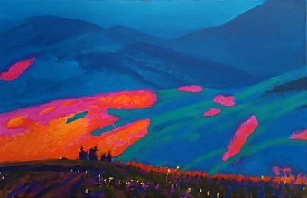 Pittura "Tramonto in montagna", pittore Viktor Kovalik acrilico tela alla Jose Art Gallery