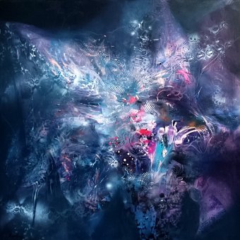 Pittura "Paesaggio fantasy con luci d'angelo nascoste", pittore Kloska Ovidiu acrilico tela alla Jose Art Gallery