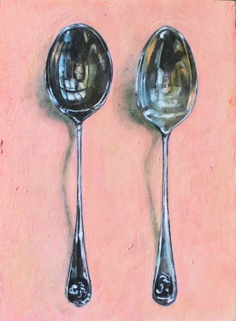 Живопись "Две маленькие ложки на фоне розового мира", живописец Lochter Andreas масло картон в Jose Art Gallery