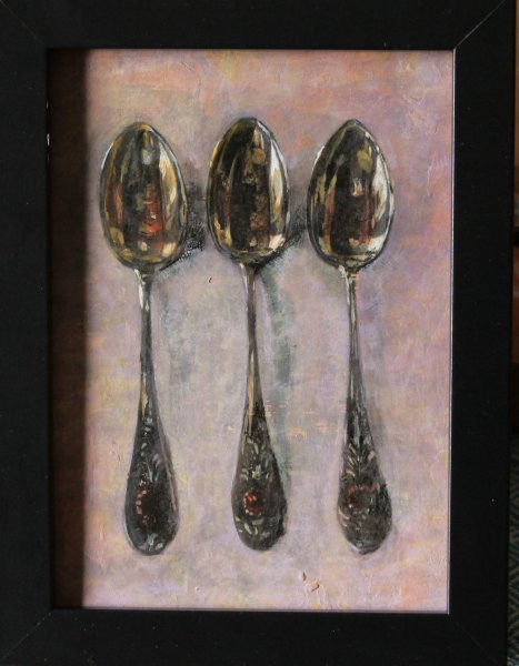 Immagine aggiuntiva 1: Fotorealismo Natura morta Pittura "Tre cucchiaini di comunità e unità", pittore Lochter Andreas olio cartone 