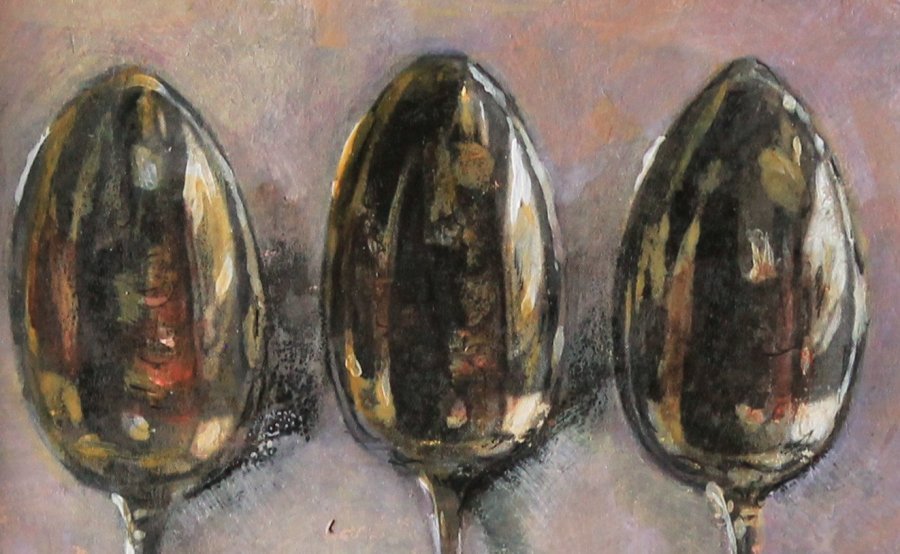 Immagine aggiuntiva 2: Fotorealismo Natura morta Pittura "Tre cucchiaini di comunità e unità", pittore Lochter Andreas olio cartone 