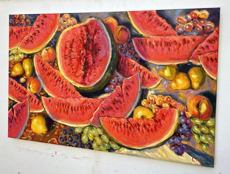 Dodatkowy obraz 1: Impresjonizm Martwa natura Malarstwo "Arbuzy", malarz Yevgeny Chernyakovsky olej płótno 