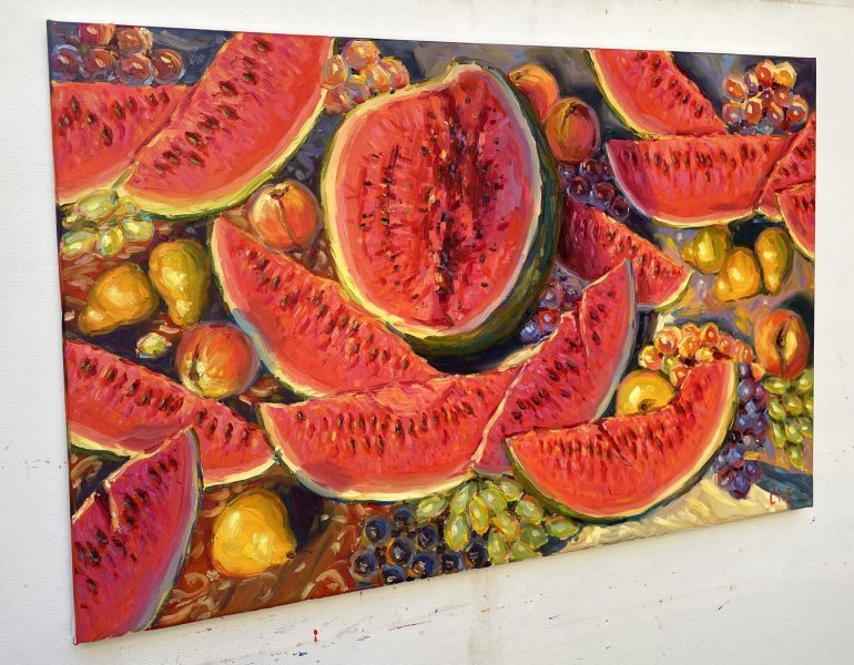 Dodatkowy obraz 2: Impresjonizm Martwa natura Malarstwo "Arbuzy", malarz Yevgeny Chernyakovsky olej płótno 