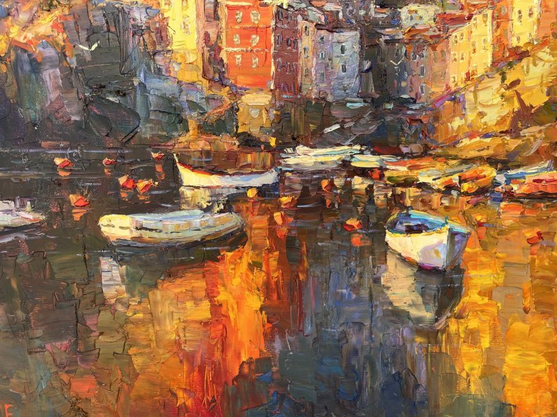 Dodatkowy obraz 1: Impresjonizm Pejzaż morski Malarstwo "Wieczorne miasto", malarz Yevgeny Chernyakovsky olej płótno 