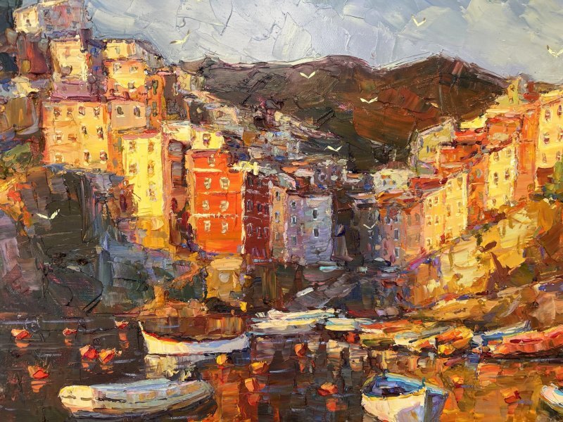 Dodatkowy obraz 2: Impresjonizm Pejzaż morski Malarstwo "Wieczorne miasto", malarz Yevgeny Chernyakovsky olej płótno 