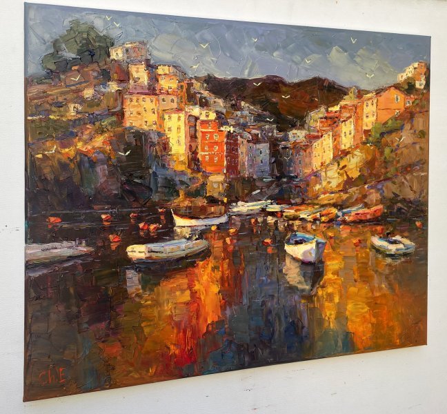 Dodatkowy obraz 4: Impresjonizm Pejzaż morski Malarstwo "Wieczorne miasto", malarz Yevgeny Chernyakovsky olej płótno 