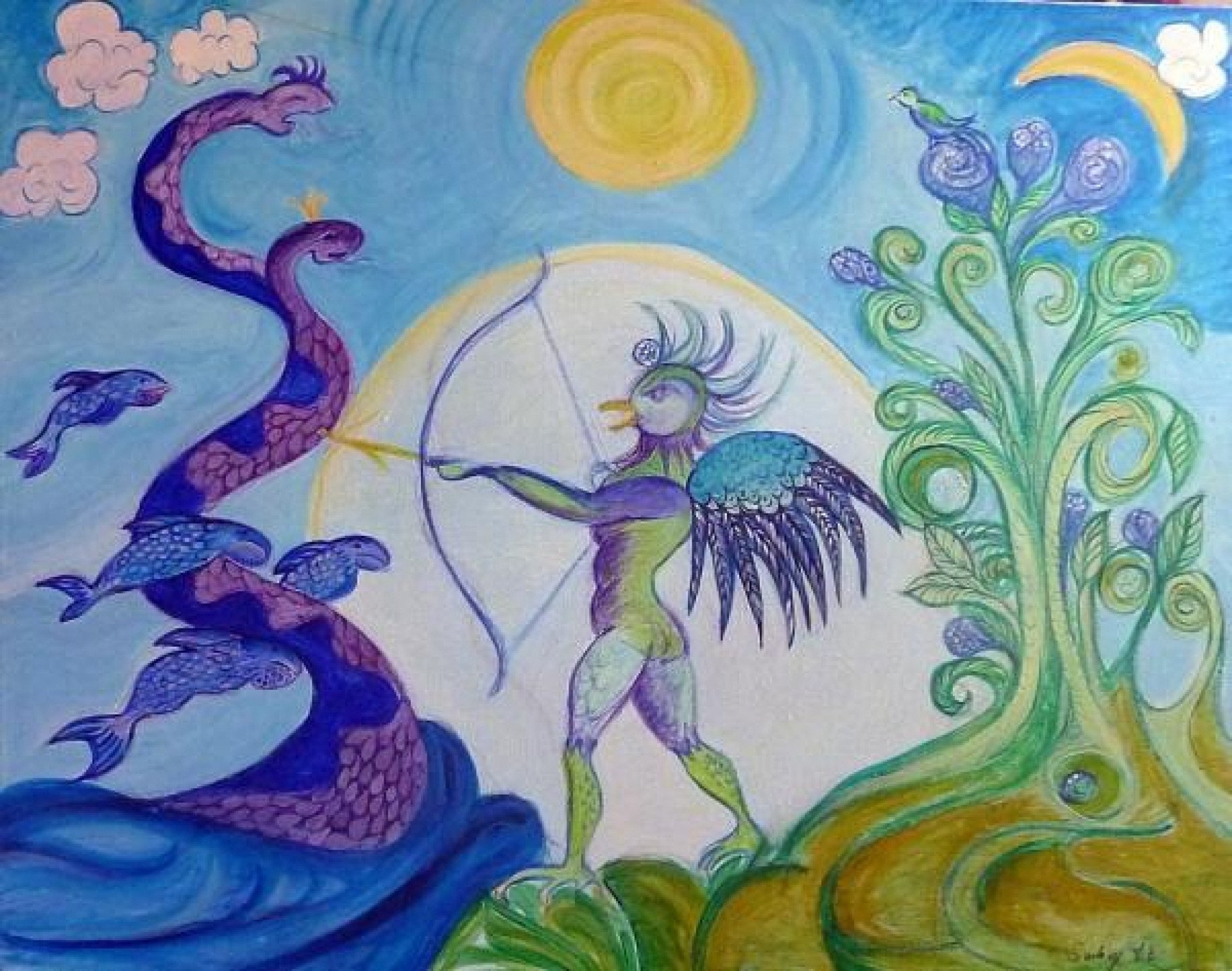Garuda and Makaru: Tibetan Legend Drawing - Sabine Sartory