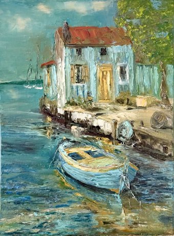 Pintura "El mar en calma y el barco en el muelle", pintor Andriy Ankossi óleo lienzo en Jose Art Gallery