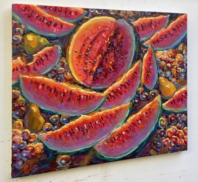 Dodatkowy obraz 1: Impresjonizm Martwa natura Malarstwo "Arbuzy", malarz Yevgeny Chernyakovsky olej płótno 