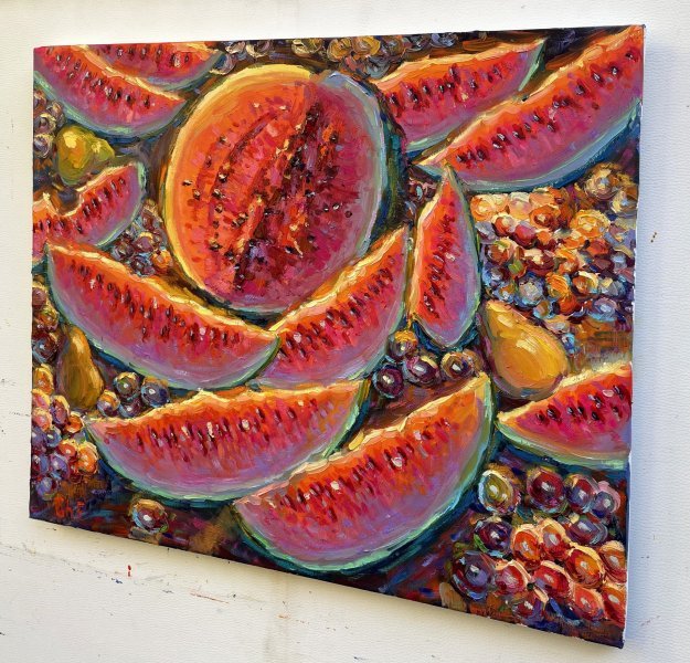 Dodatkowy obraz 2: Impresjonizm Martwa natura Malarstwo "Arbuzy", malarz Yevgeny Chernyakovsky olej płótno 