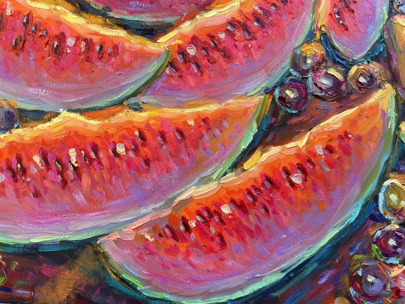 Dodatkowy obraz 4: Impresjonizm Martwa natura Malarstwo "Arbuzy", malarz Yevgeny Chernyakovsky olej płótno 