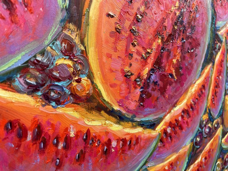 Dodatkowy obraz 5: Impresjonizm Martwa natura Malarstwo "Arbuzy", malarz Yevgeny Chernyakovsky olej płótno 