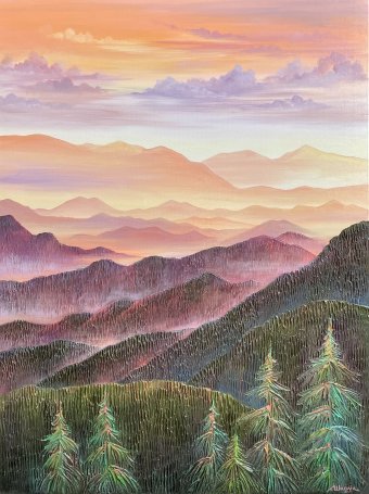 Painting "Carpathian Sunrise: Morning Light Serenity" by painter Anna Shkolik acrylic canvas at Jose Art Gallery