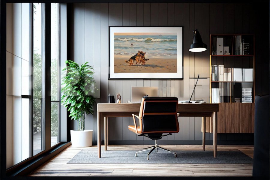 Dodatkowy obraz 1: Kolorowy Fotoimpresjonizm Fotografia "Owczarki niemieckie bawiące się na plaży", fotograf Orlando Sanchez Cabrera 