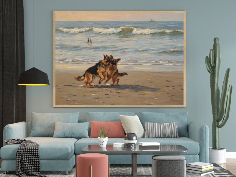 Dodatkowy obraz 3: Kolorowy Fotoimpresjonizm Fotografia "Owczarki niemieckie bawiące się na plaży", fotograf Orlando Sanchez Cabrera 