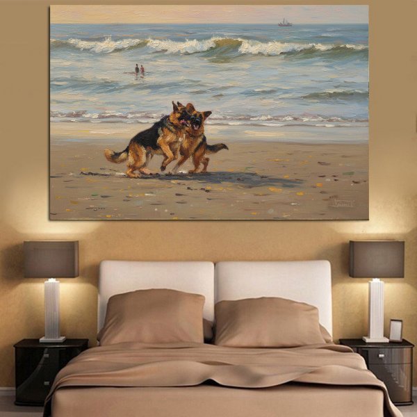 Dodatkowy obraz 4: Kolorowy Fotoimpresjonizm Fotografia "Owczarki niemieckie bawiące się na plaży", fotograf Orlando Sanchez Cabrera 