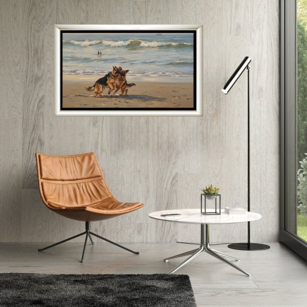 Dodatkowy obraz 5: Kolorowy Fotoimpresjonizm Fotografia "Owczarki niemieckie bawiące się na plaży", fotograf Orlando Sanchez Cabrera 