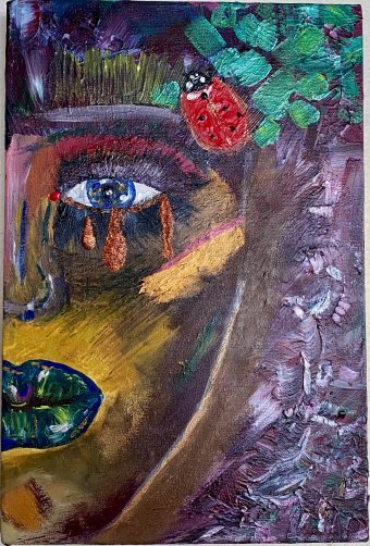 Painting "Happiness is near: the mystical cow" by painter Natali Klim acrylic canvas at Jose Art Gallery