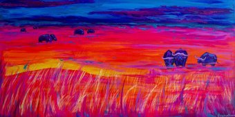 Painting "Painting Buffaloes in the Fog" by painter Oksana Chumakova acrylic canvas at Jose Art Gallery