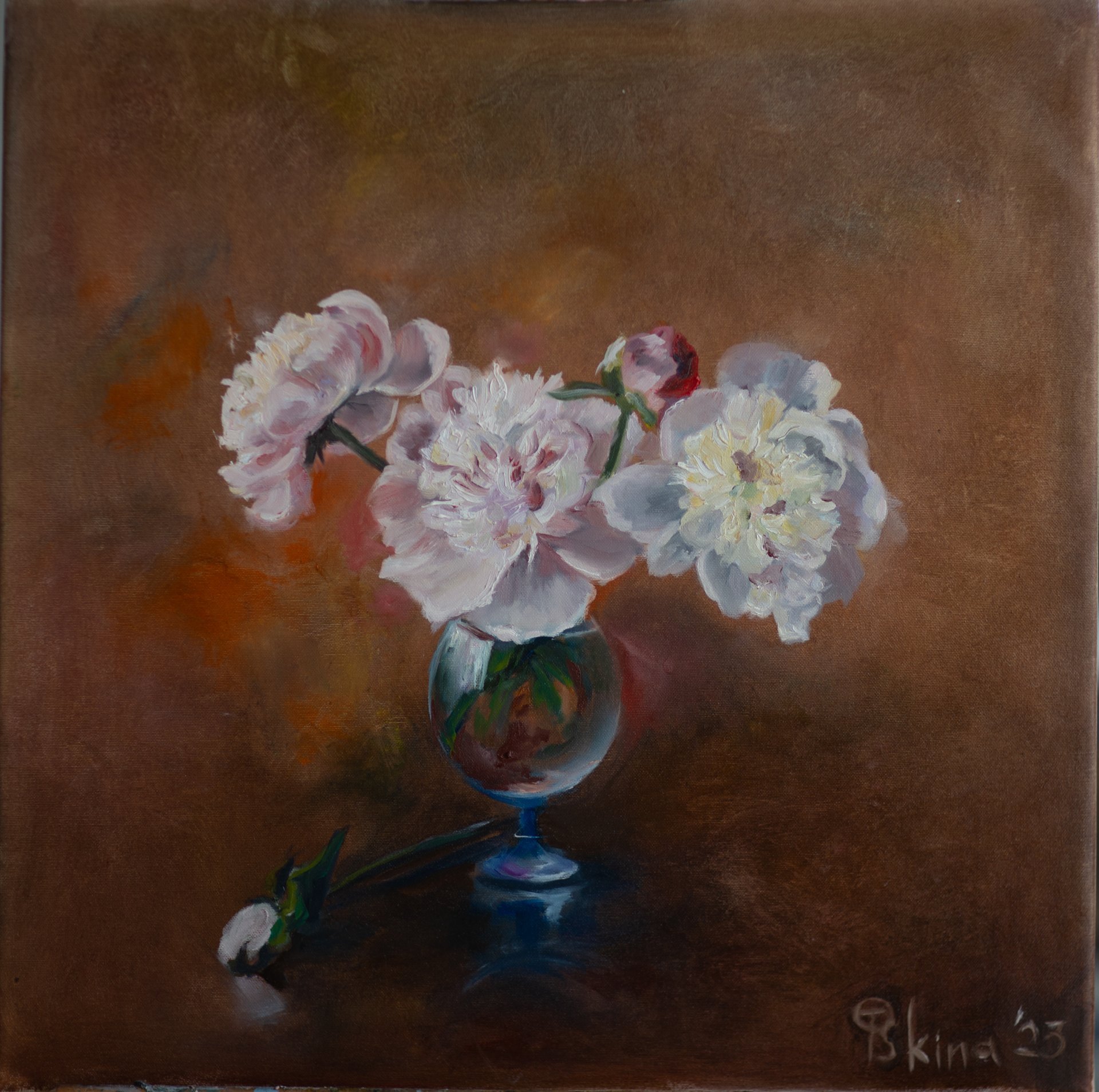 A delicate bouquet of peonies in a vase Painting by Tatiana Oskina