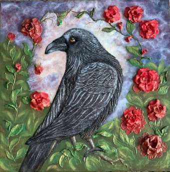 Живопись "Ворон и Алые розы: символы загадки и красоты", живописец Елена Калмык смешанная техника дерево в Jose Art Gallery