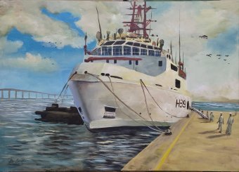 Painting "Ship H39: Naval Strength and Presence" by painter Alex Carvalho acrylic canvas at Jose Art Gallery
