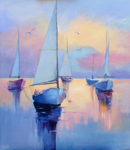 Realizm Pejzaż morski Malarstwo "Spokój o zachodzie słońca" malarz Oksana Potomkina olej płótno 