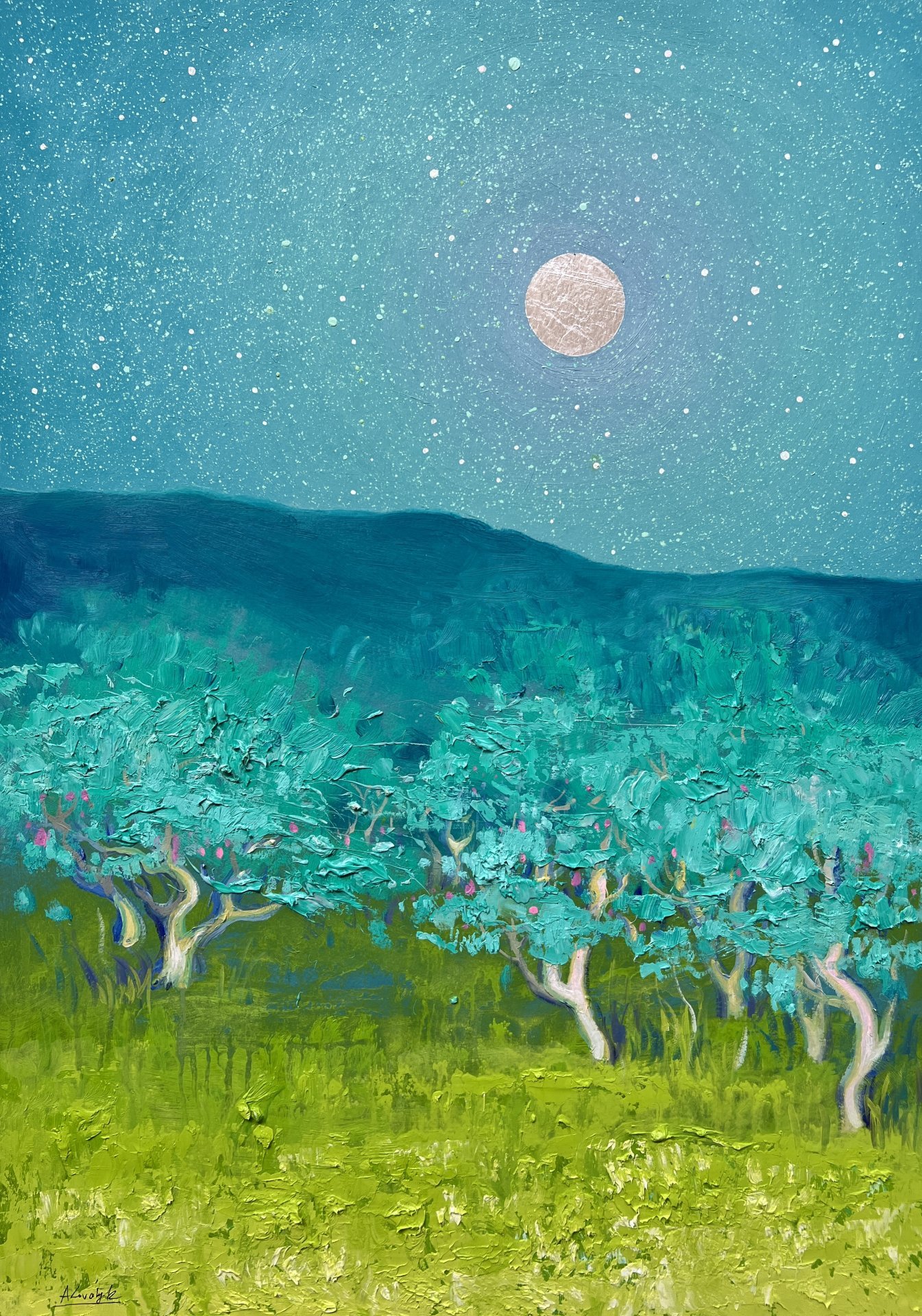 Orchard under the Full Moon Painting by Andrii Kovalyk