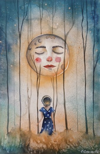 Painting "When the Moon Closed Her Eyes" by painter Evgenia Smirnova watercolor paper at Jose Art Gallery