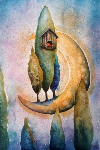 Painting "Between Trees and Stars" by painter Evgenia Smirnova watercolor paper at Jose Art Gallery