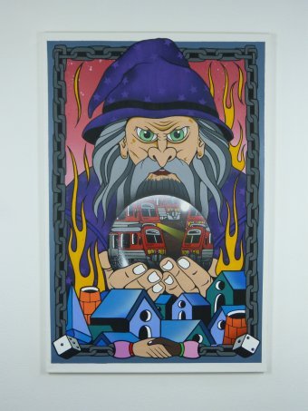 Painting "City Magician: Reflections on Urban Dangers" by painter SousaParadise spray paint canvas at Jose Art Gallery