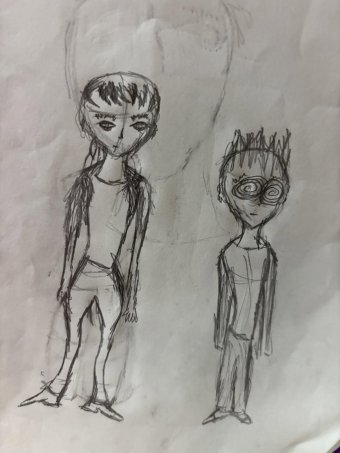 Drawing "Two Weirdos" by illustrator Amanda Harris pencil cardboard at Jose Art Gallery