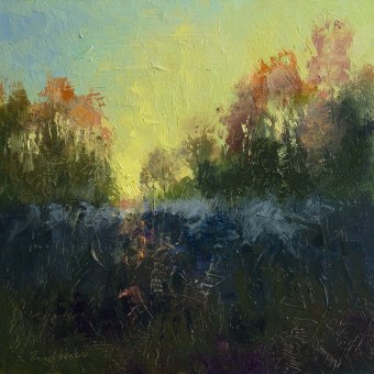 Pittura "Quiete dell'alba", pittore Serhii Zavadenko olio legno alla Jose Art Gallery