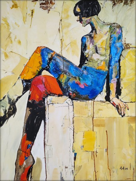 Ekspresjonizm Portret Malarstwo "Lighthearted Blue" malarz Alexander Aksyonov akryl płótno 