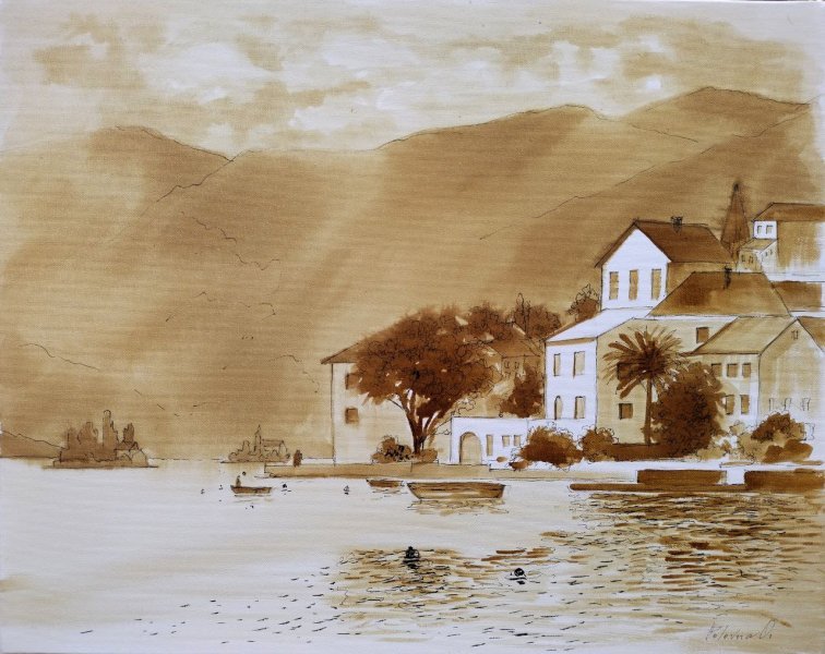 Arte moderno Paisaje marino Pintura "Montenegro. Perast" pintor Olena Polovna técnica mixta lienzo 