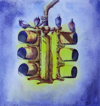 Malerei "Auf Pause", maler/-in Yuliia Panchenko Aquarellfarbe Papier in der Jose Art Gallery