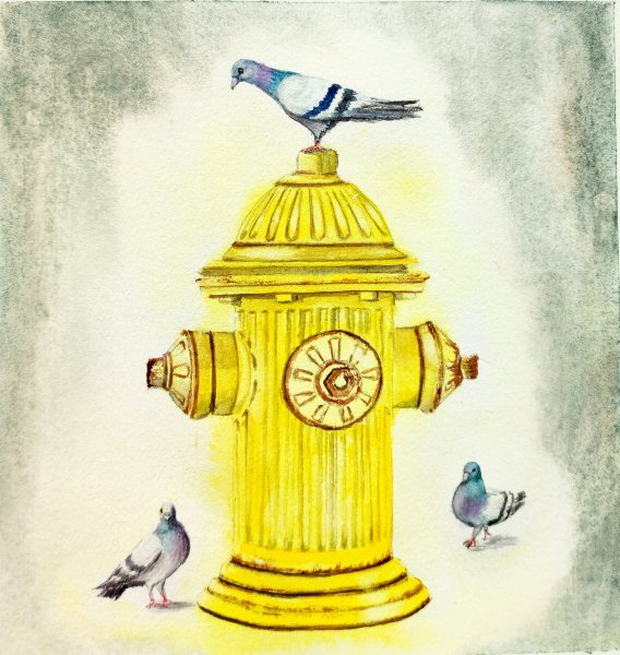 Minimalismus Vedute Malerei "Gelber Hydrant und Tauben" maler/-in Yuliia Panchenko Aquarellfarbe Papier 