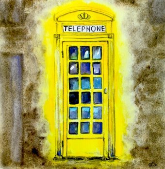 Malerei "Gelbe Telefonzelle", maler/-in Yuliia Panchenko Aquarellfarbe Papier in der Jose Art Gallery